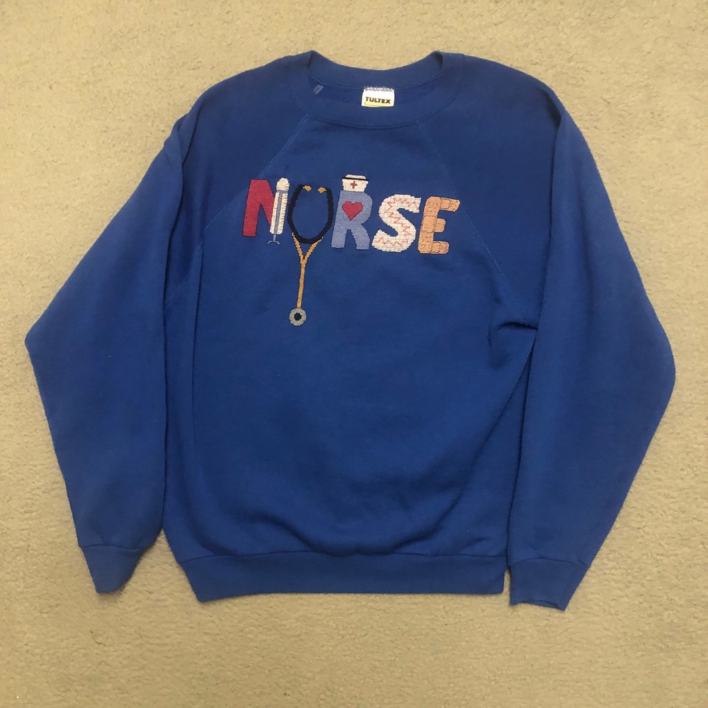 Vtg Tultex Nurse Stethoscope Embroidered Crewneck Sweatshirt Royal Blue Large